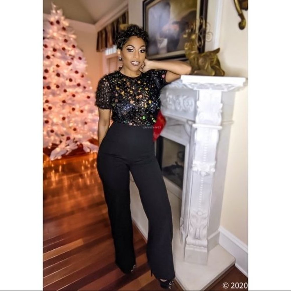 Callie Coin: Feathered Sequin Furry Knit Jumpsuit S M L - Picture 9 of 17